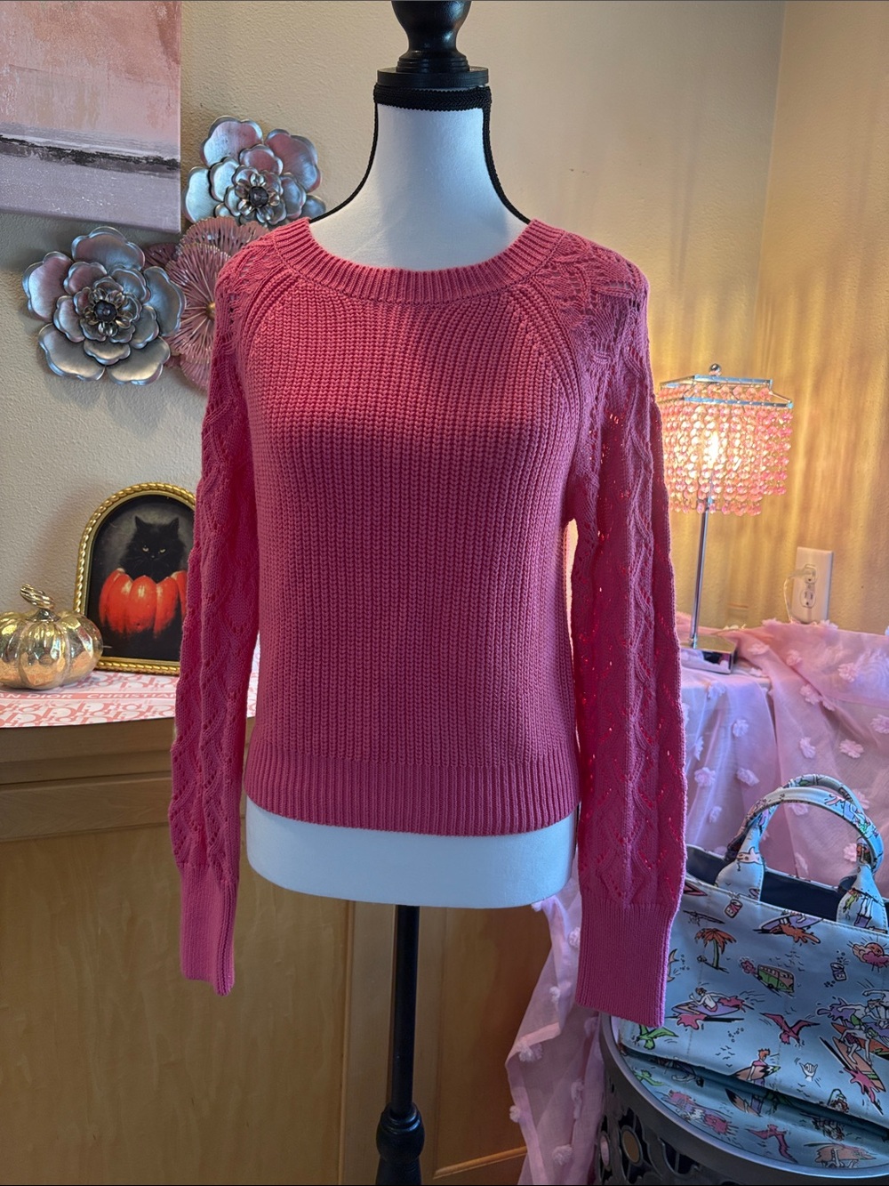 &Isla Classic Crewneck Cable-Sleeve Sweater — Pink
